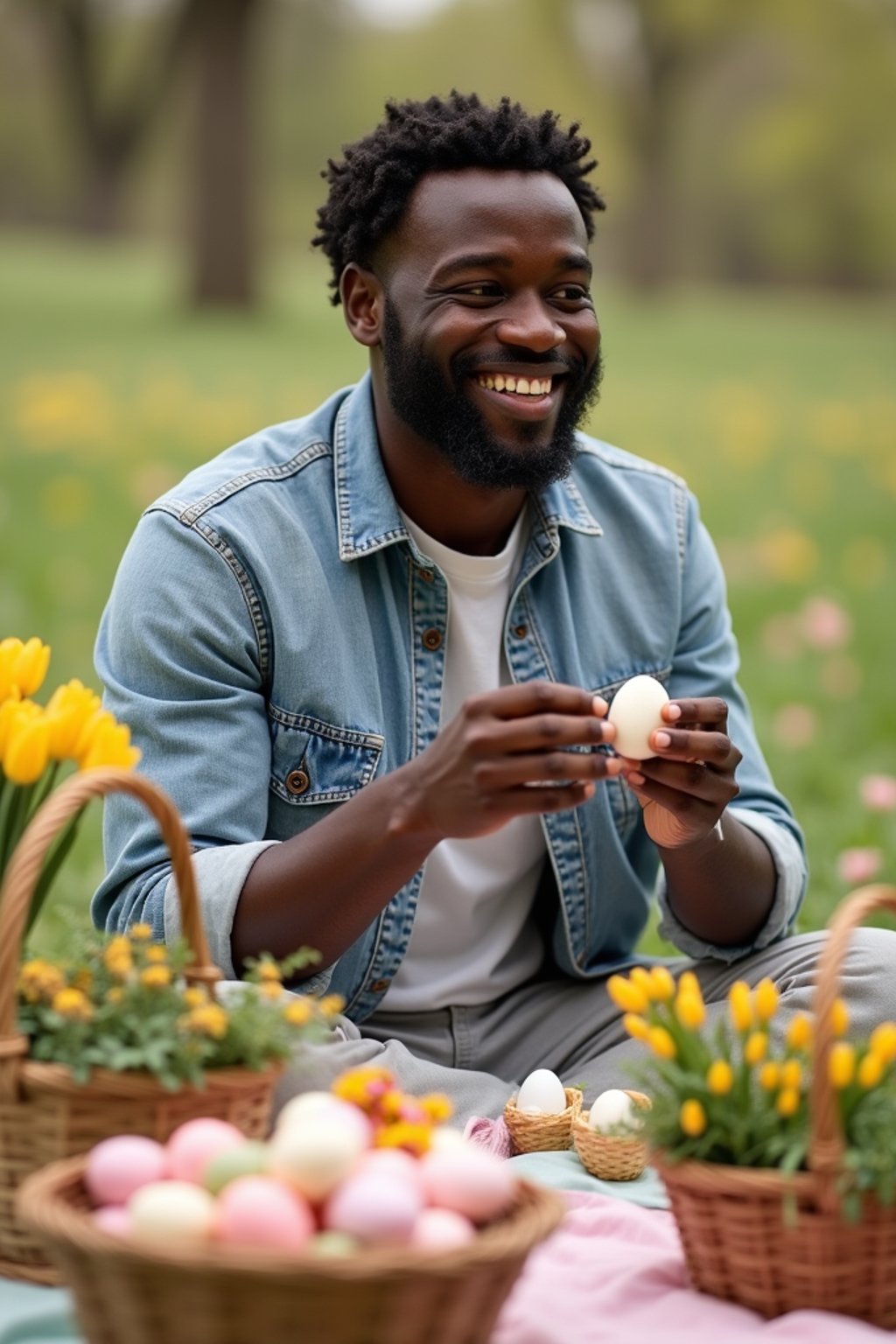A man having a fun Easter picnic, with decorated eggs, baskets, and spring flowers in the background.