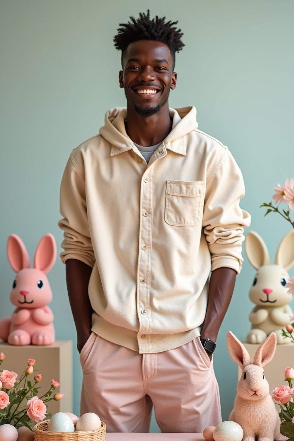 A man dressed in a casual spring outfit, surrounded by pastel Easter decorations like eggs, flowers, and bunnies.