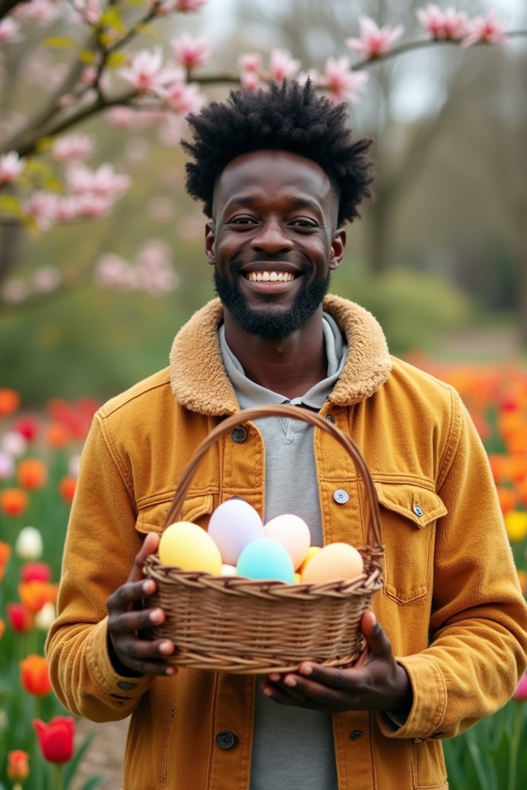A man holding a basket filled with colorful Easter eggs, standing in a vibrant garden full of spring blooms.