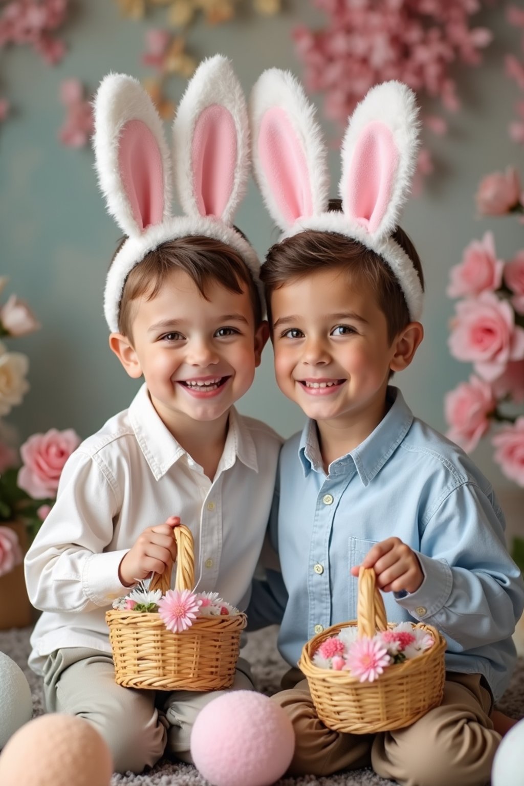 A man wearing bunny ears and posing together with their Easter baskets in front of a festive backdrop filled with spring flowers and pastel decorations.