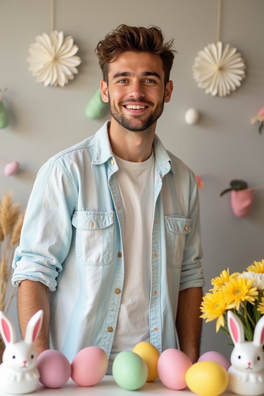 A man dressed in a casual spring outfit, surrounded by pastel Easter decorations like eggs, flowers, and bunnies.