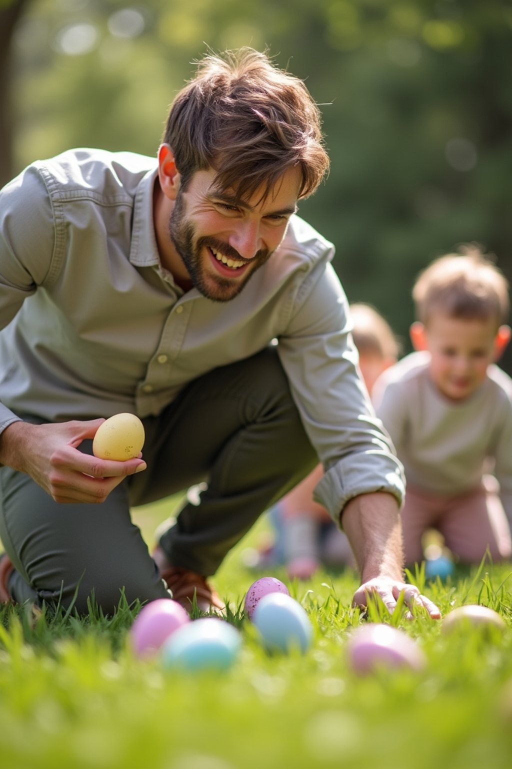A man having an Easter egg hunt, with children searching for hidden eggs in a beautiful garden setting.