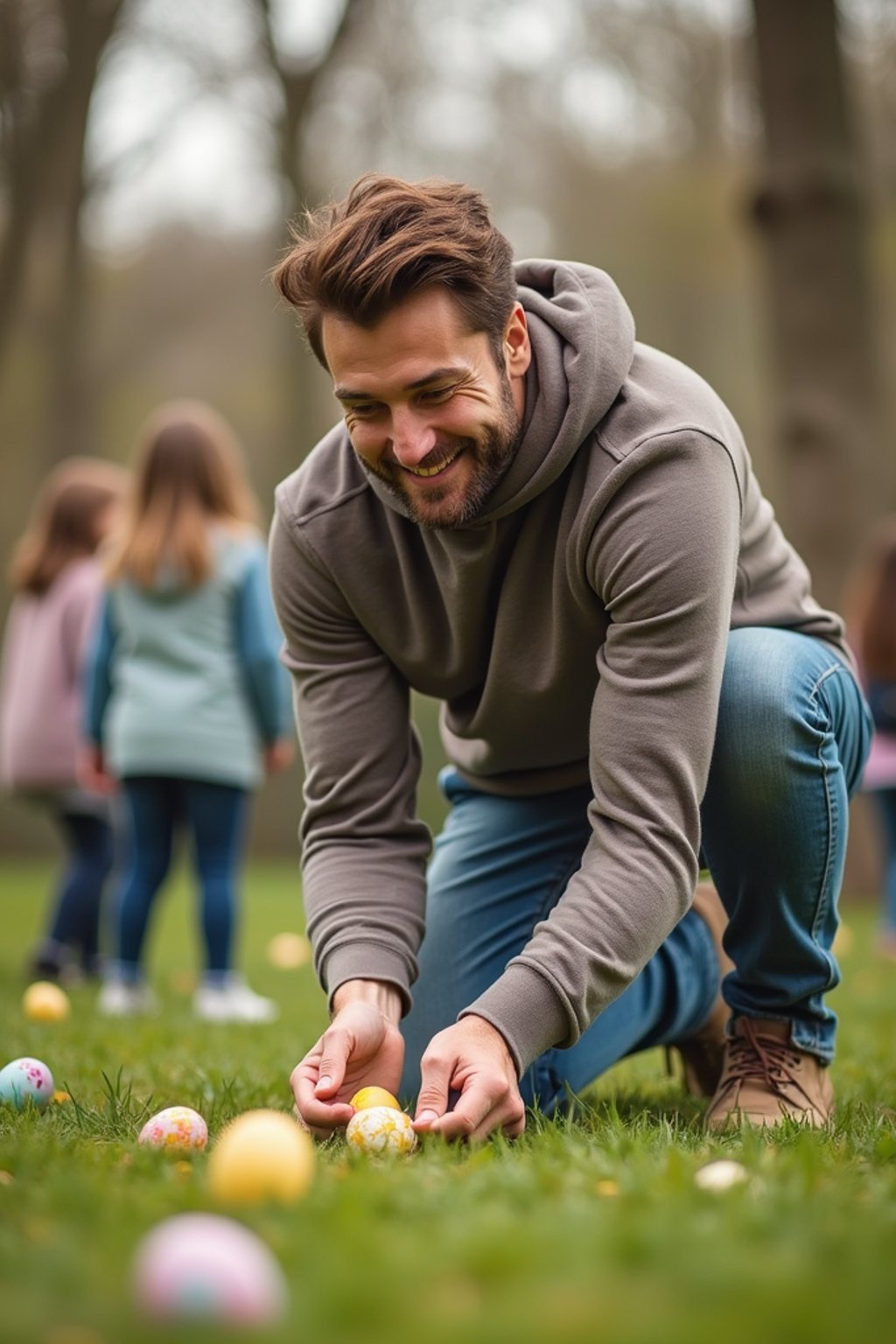 A man having an Easter egg hunt, with children searching for hidden eggs in a beautiful garden setting.