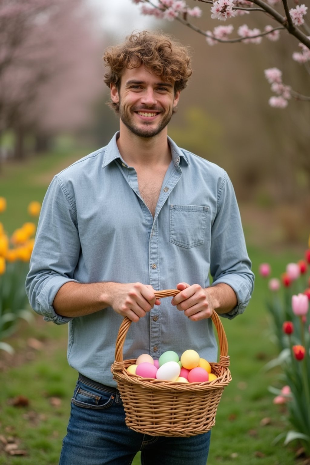 A man holding a basket filled with colorful Easter eggs, standing in a vibrant garden full of spring blooms.
