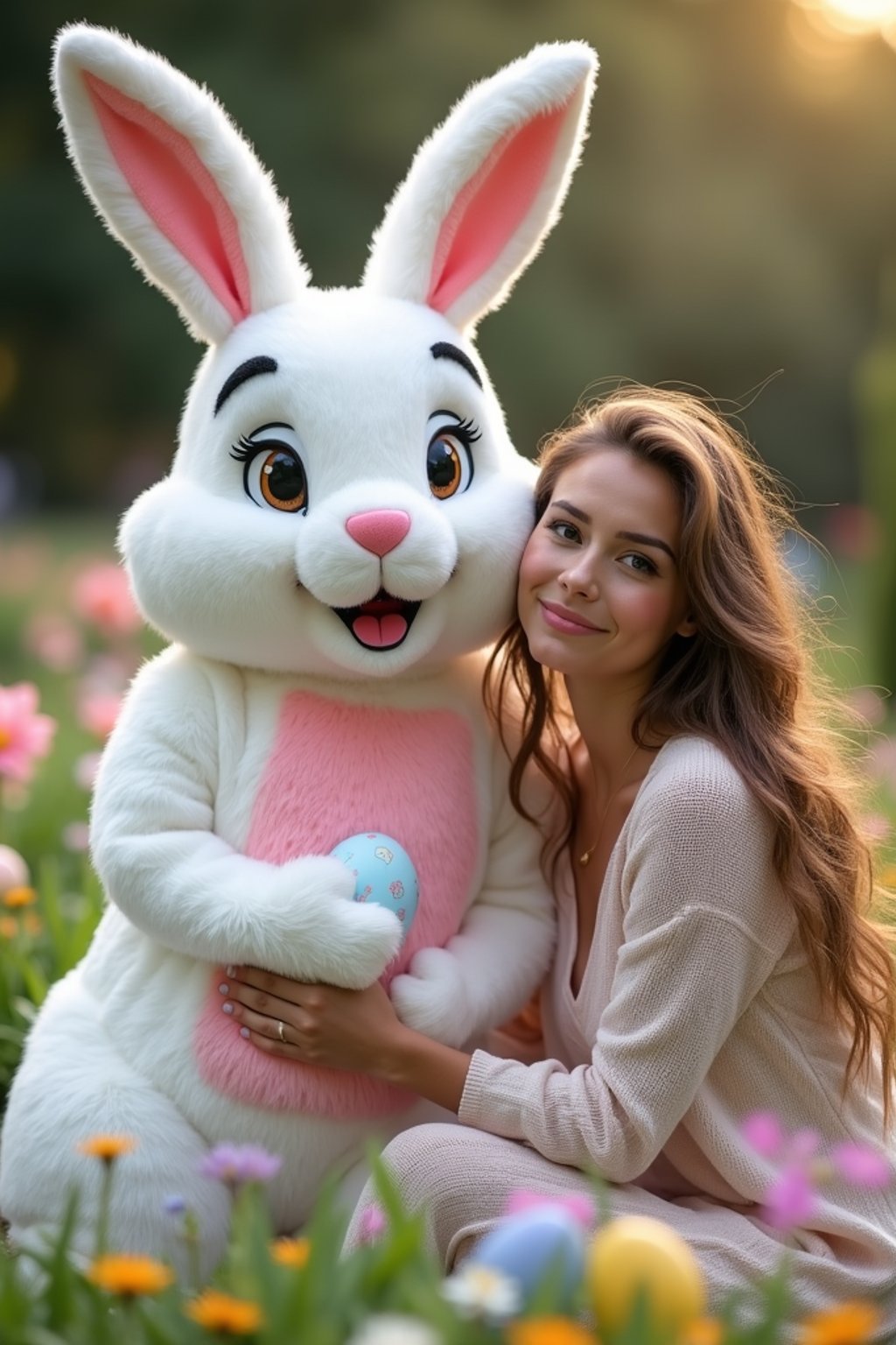 A woman posing with an Easter bunny mascot in a garden full of flowers and decorated eggs.