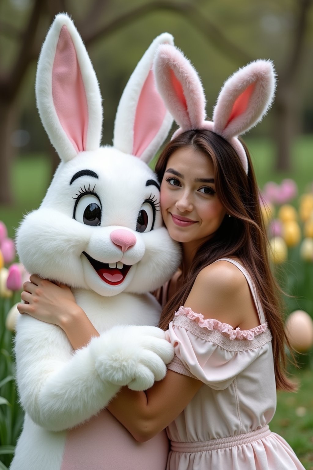 A woman posing with an Easter bunny mascot in a garden full of flowers and decorated eggs.
