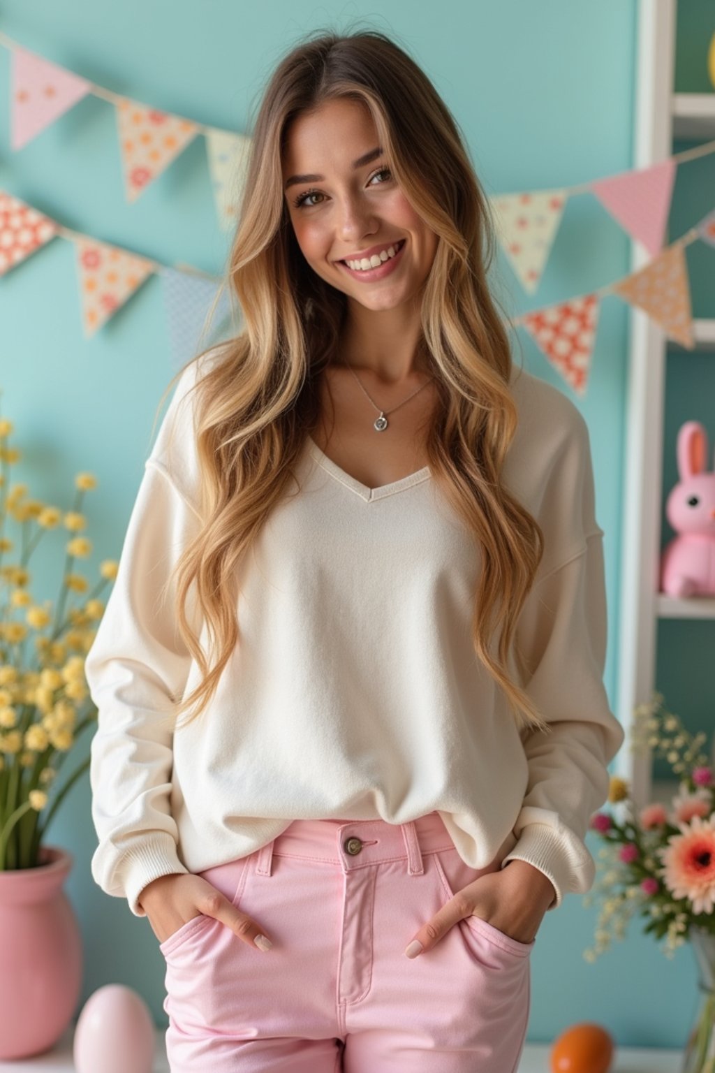A woman dressed in a casual spring outfit, surrounded by pastel Easter decorations like eggs, flowers, and bunnies.