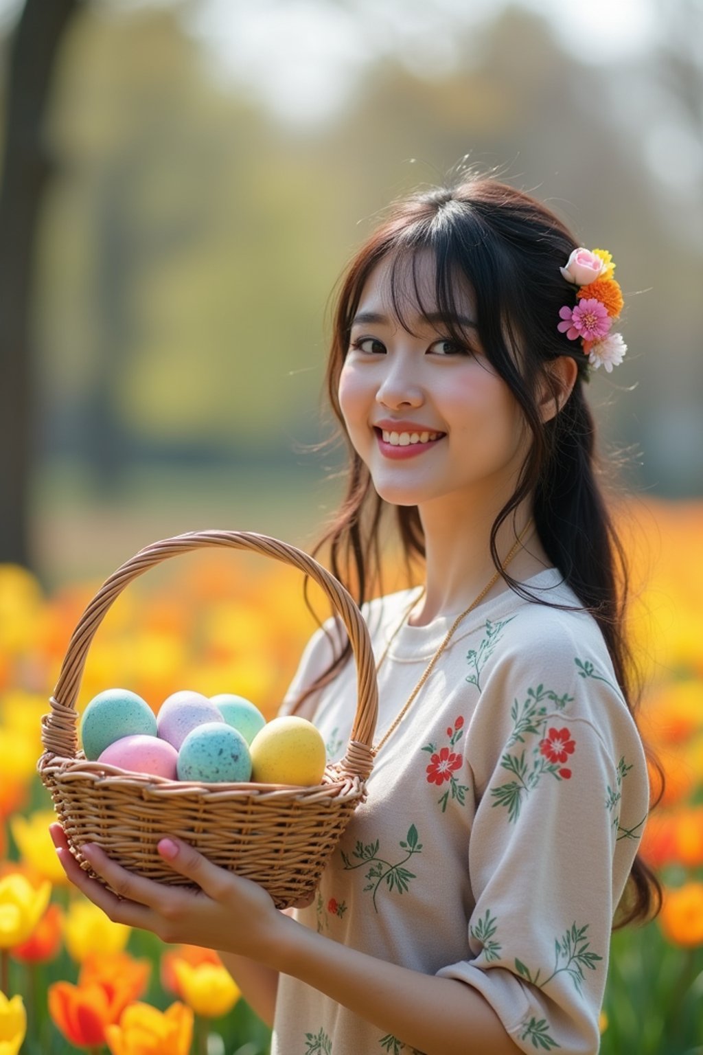 A woman holding a basket filled with colorful Easter eggs, standing in a vibrant garden full of spring blooms.