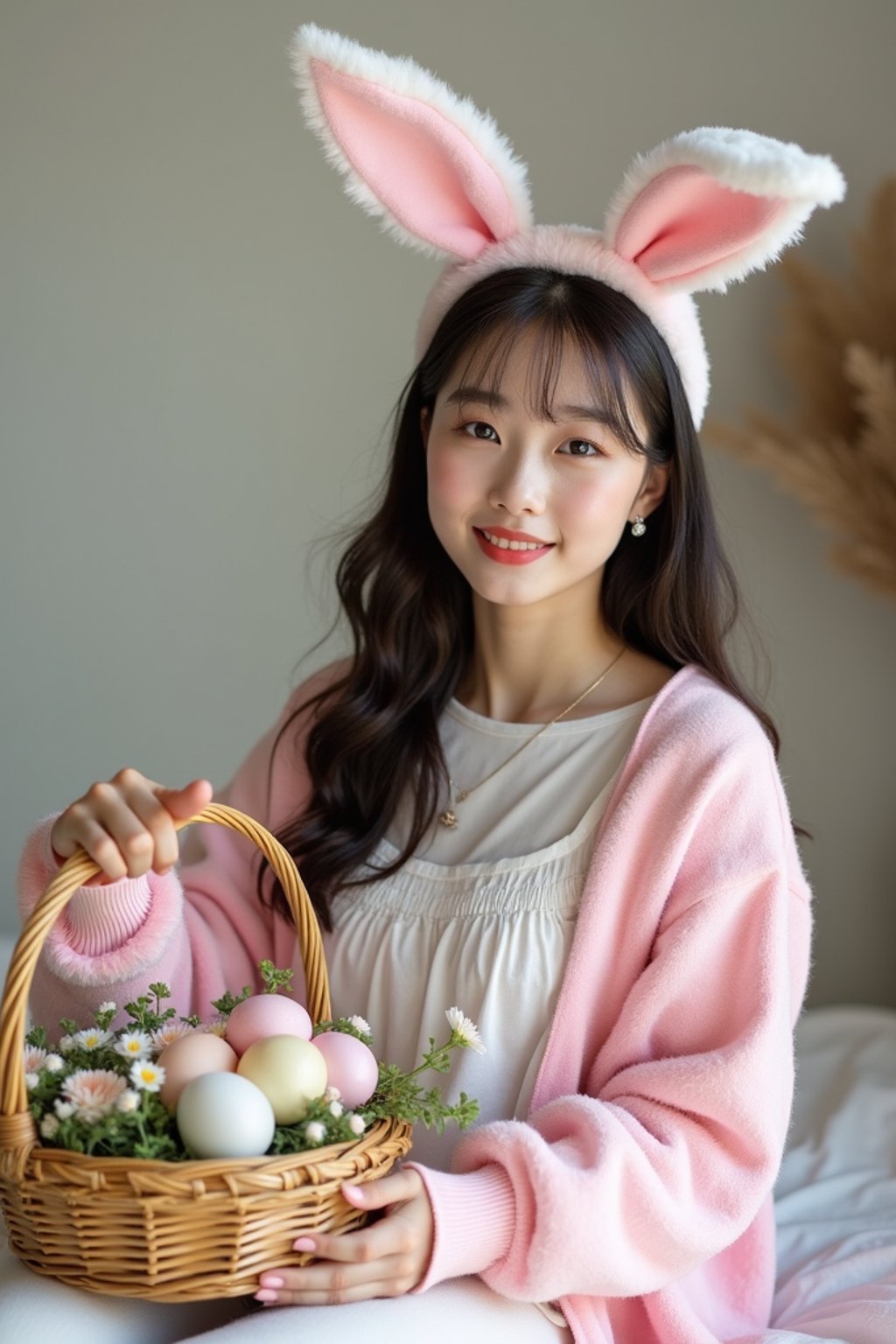Model dressed in a cute bunny costume with pastel-colored ears, posing next to a basket of decorated Easter eggs and spring flowers.