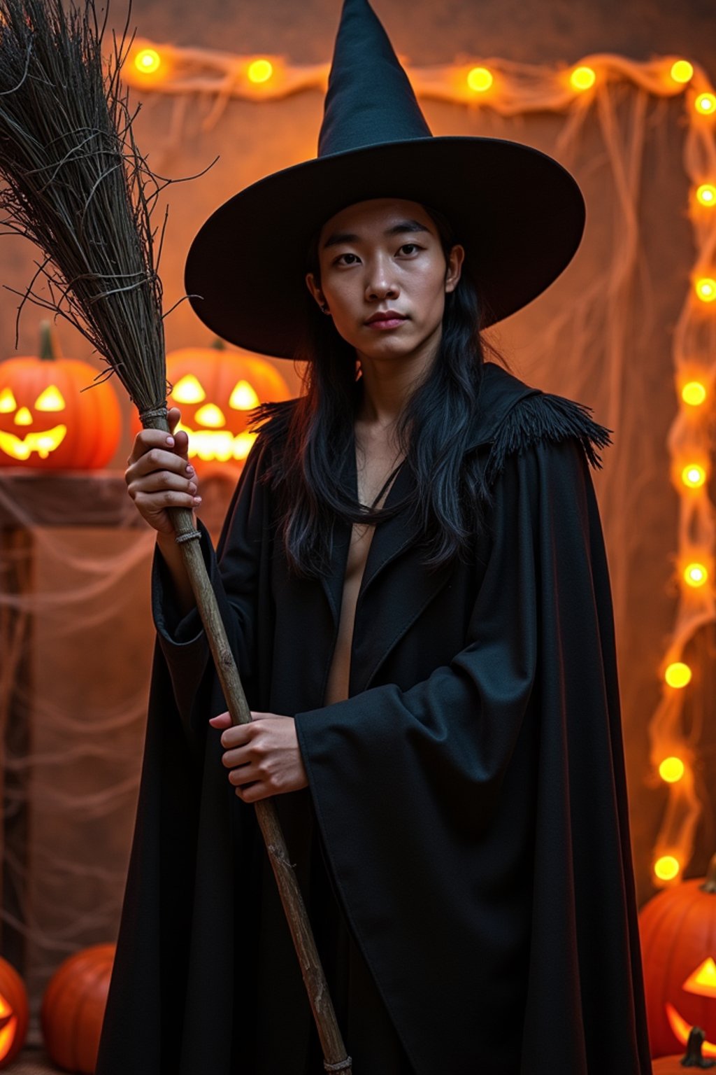 A man dressed as a friendly witch, wearing a pointed hat and holding a broomstick, surrounded by Halloween decorations like spider webs and glowing pumpkins.