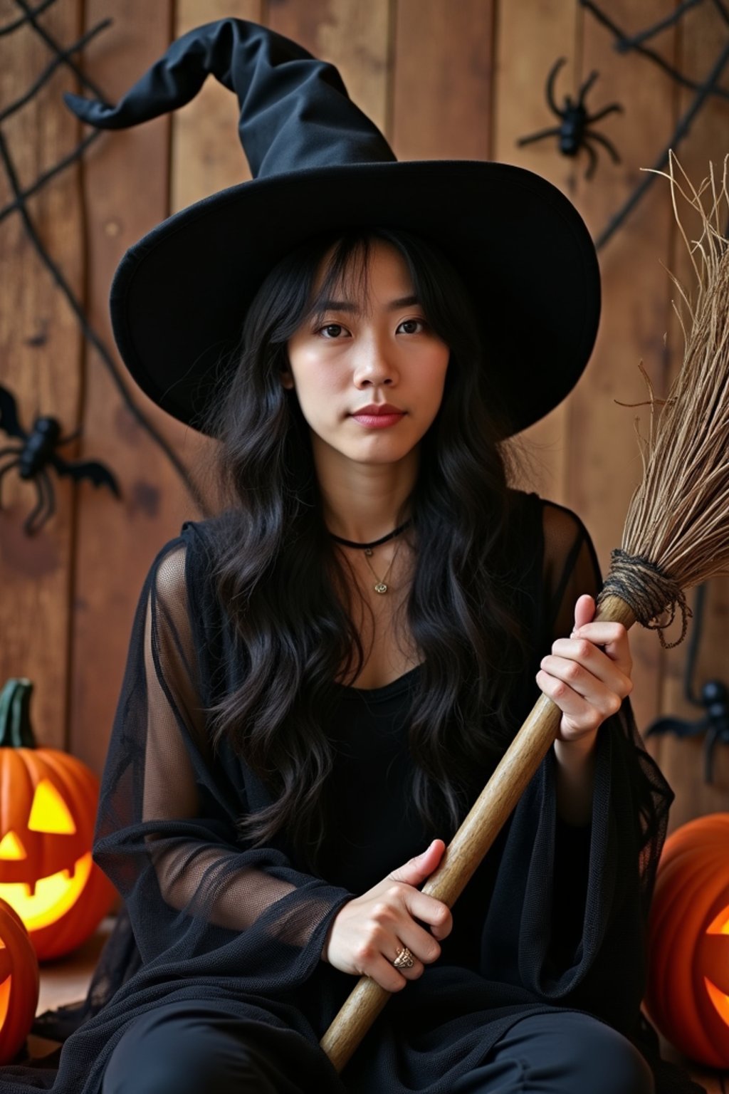 A man dressed as a friendly witch, wearing a pointed hat and holding a broomstick, surrounded by Halloween decorations like spider webs and glowing pumpkins.