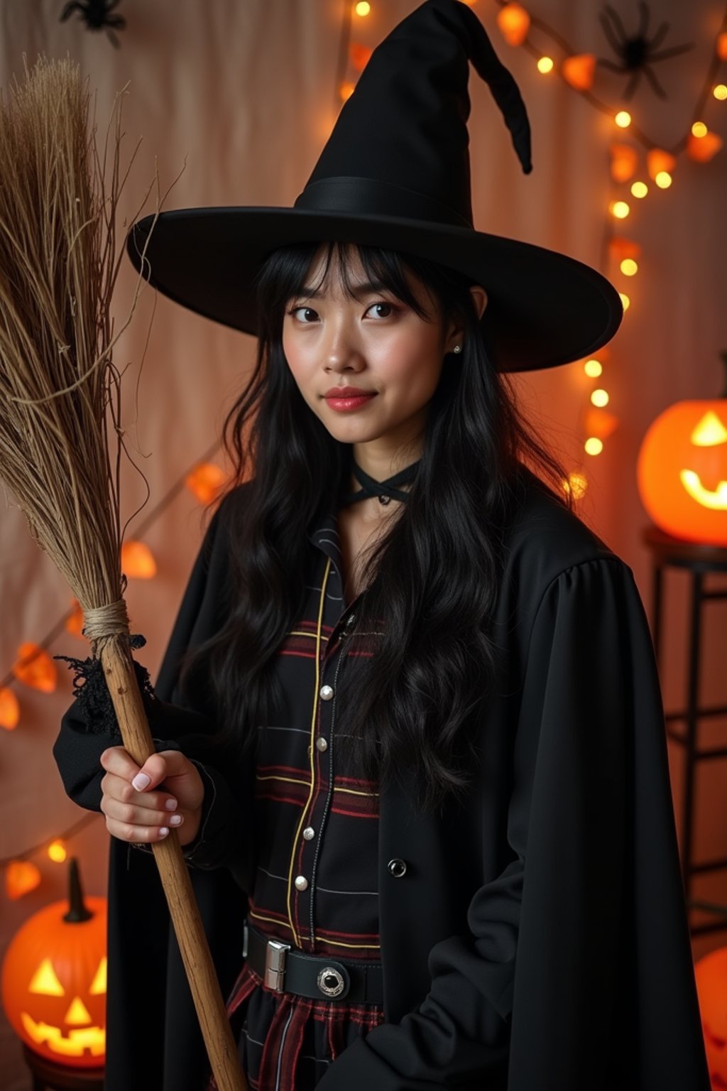 A man dressed as a friendly witch, wearing a pointed hat and holding a broomstick, surrounded by Halloween decorations like spider webs and glowing pumpkins.