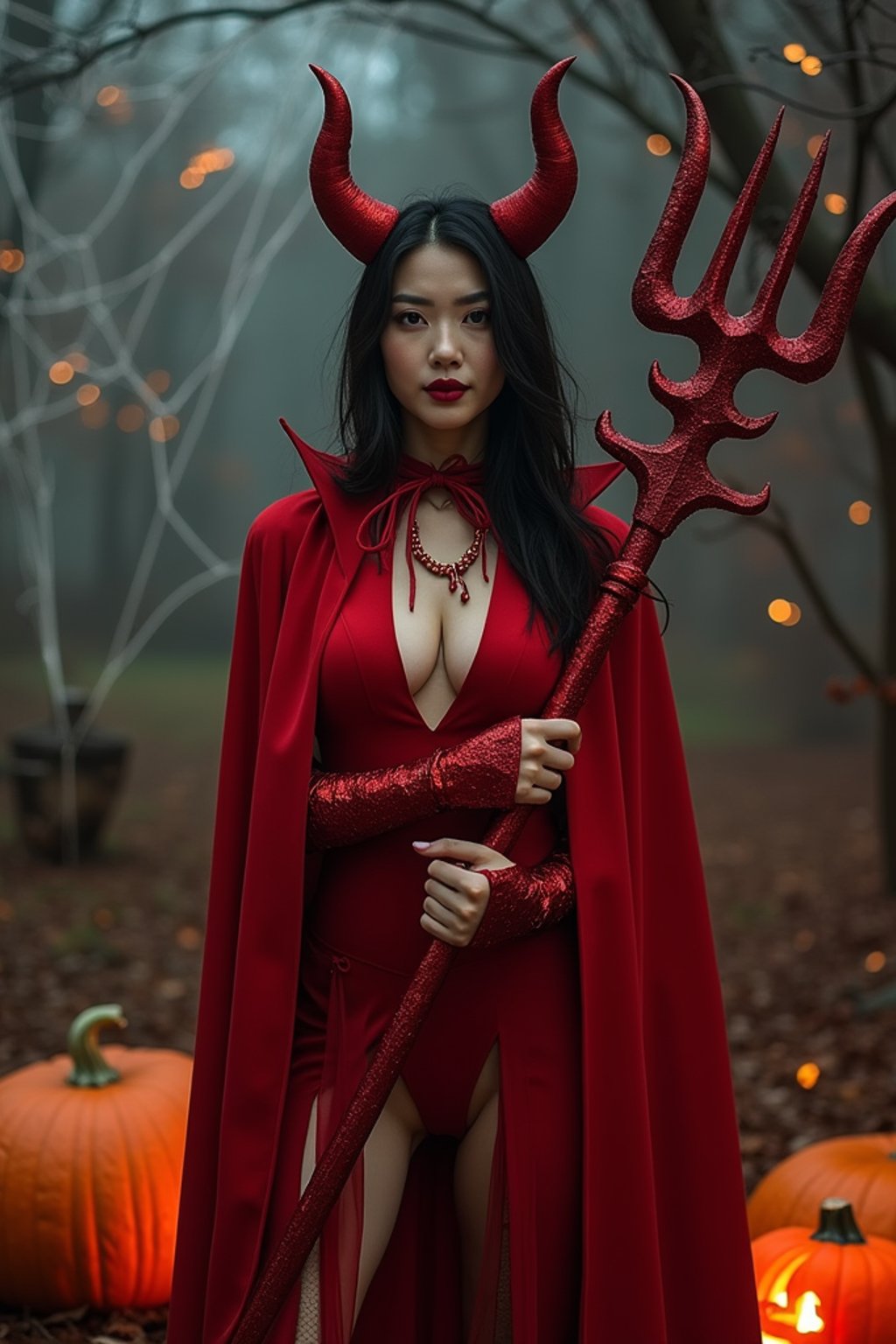 A woman wearing a classic red devil costume with devil horns, a red cape, and holding a trident. The backdrop includes pumpkins, spider webs, and a spooky night scene.