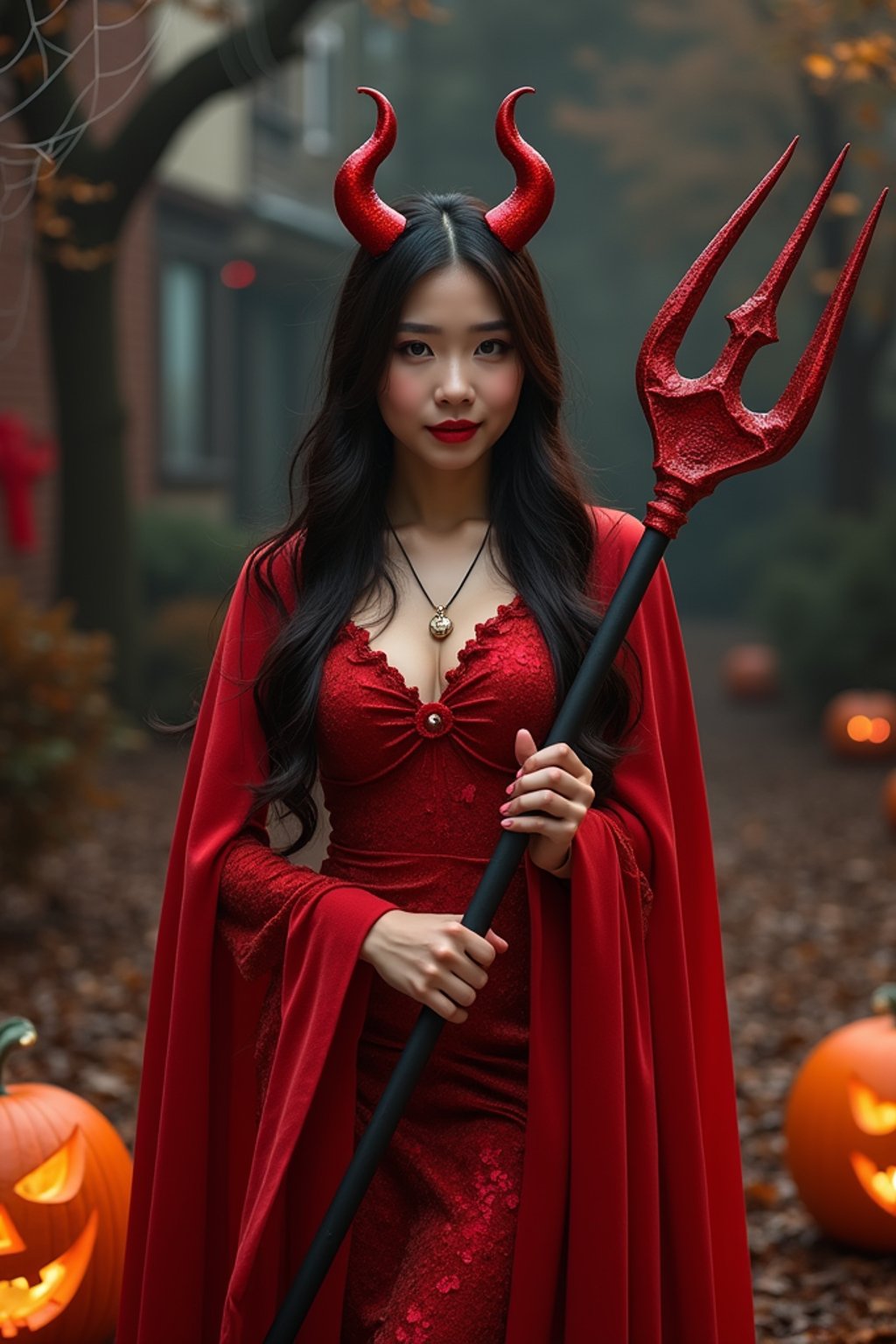 A woman wearing a classic red devil costume with devil horns, a red cape, and holding a trident. The backdrop includes pumpkins, spider webs, and a spooky night scene.
