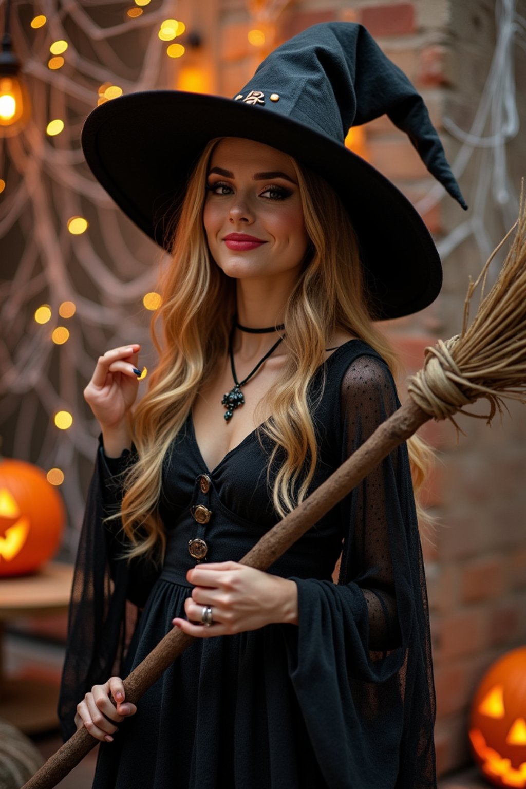 A woman dressed as a friendly witch, wearing a pointed hat and holding a broomstick, surrounded by Halloween decorations like spider webs and glowing pumpkins.
