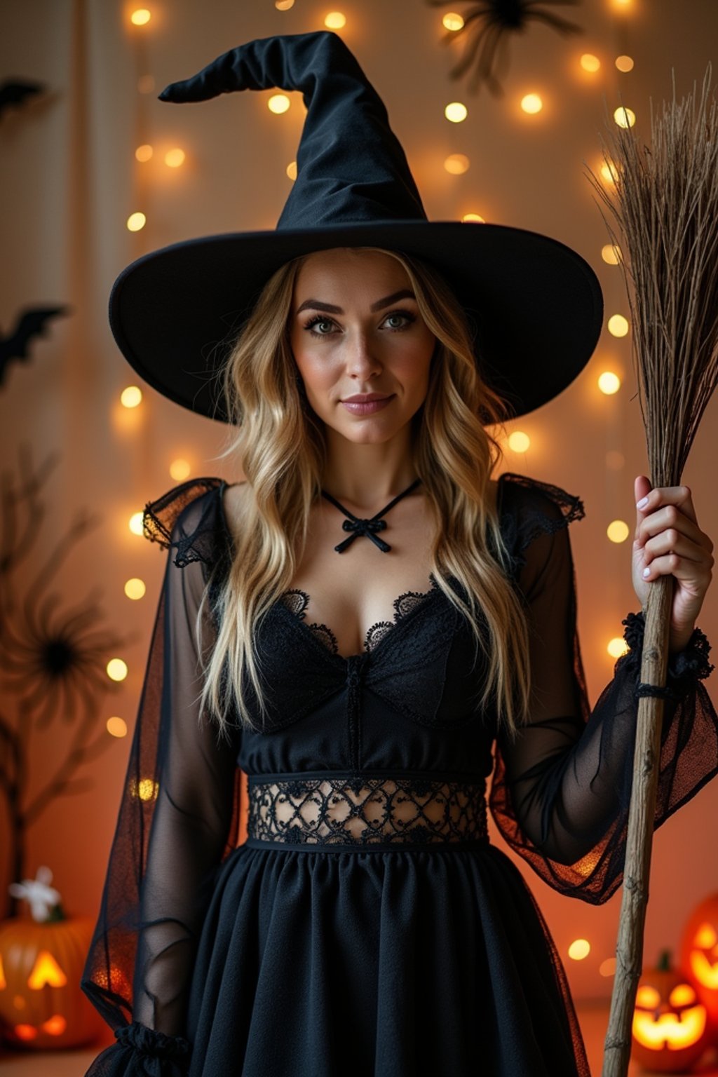 A woman dressed as a friendly witch, wearing a pointed hat and holding a broomstick, surrounded by Halloween decorations like spider webs and glowing pumpkins.