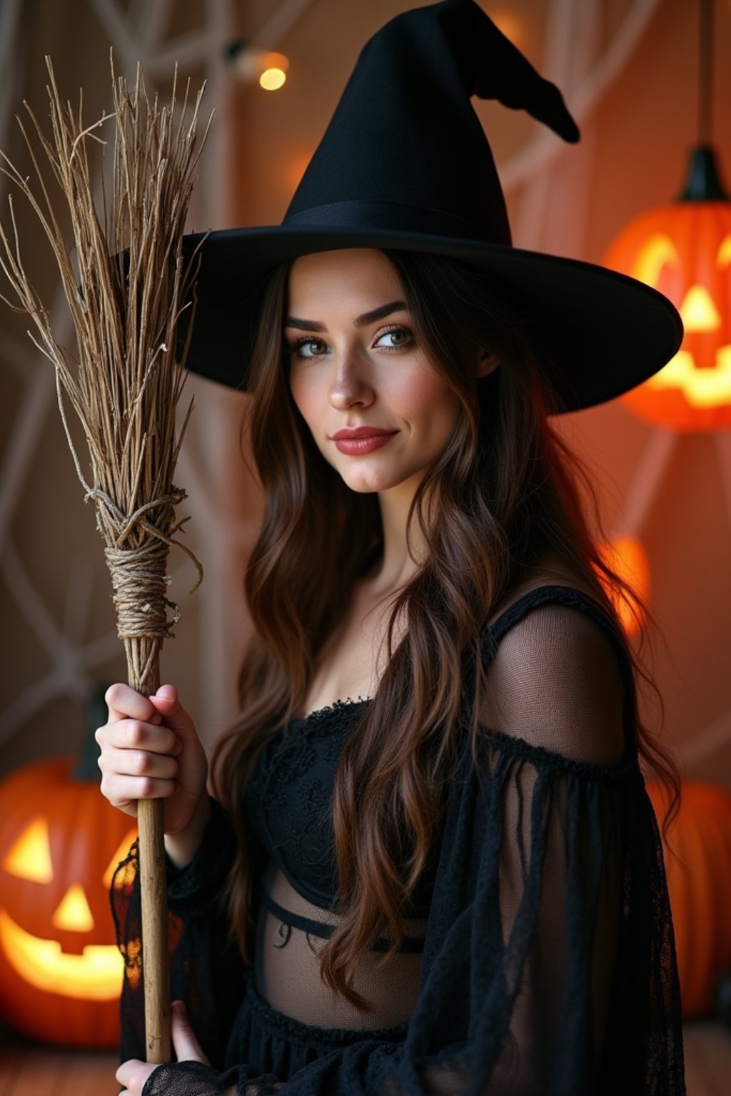 A woman dressed as a friendly witch, wearing a pointed hat and holding a broomstick, surrounded by Halloween decorations like spider webs and glowing pumpkins.