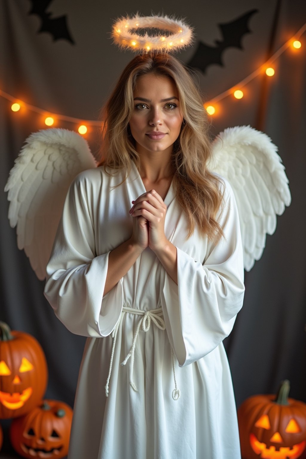 A woman dressed as an angel, wearing a white robe with wings and a halo, posing against a Halloween backdrop with carved pumpkins and bats.