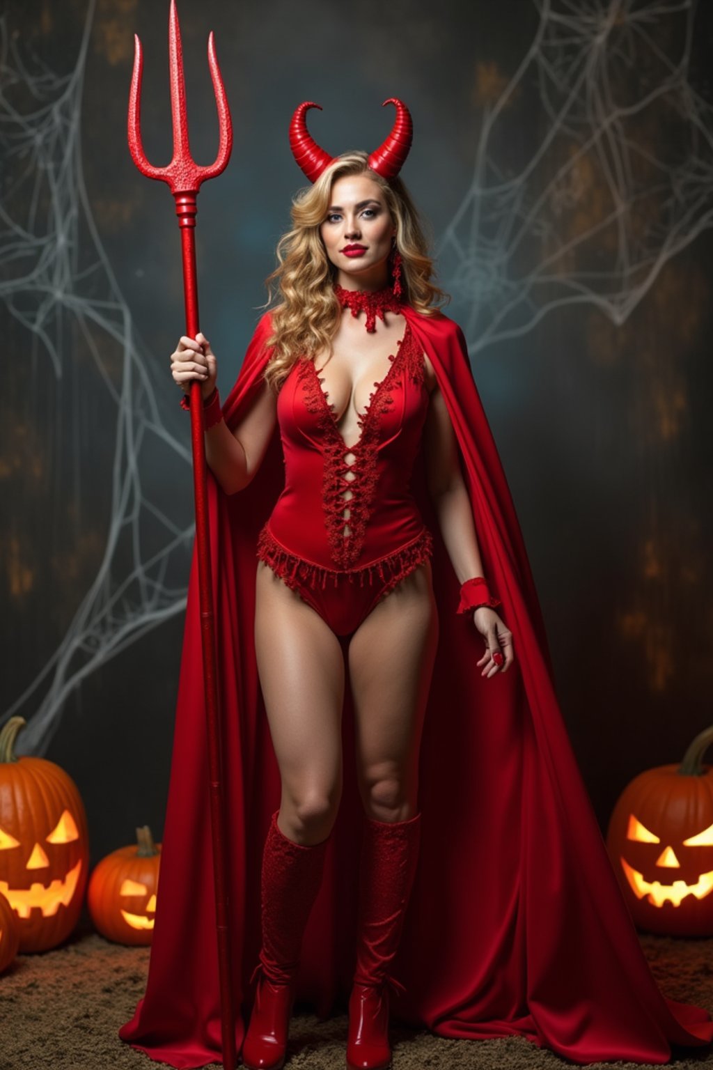 A woman wearing a classic red devil costume with devil horns, a red cape, and holding a trident. The backdrop includes pumpkins, spider webs, and a spooky night scene.