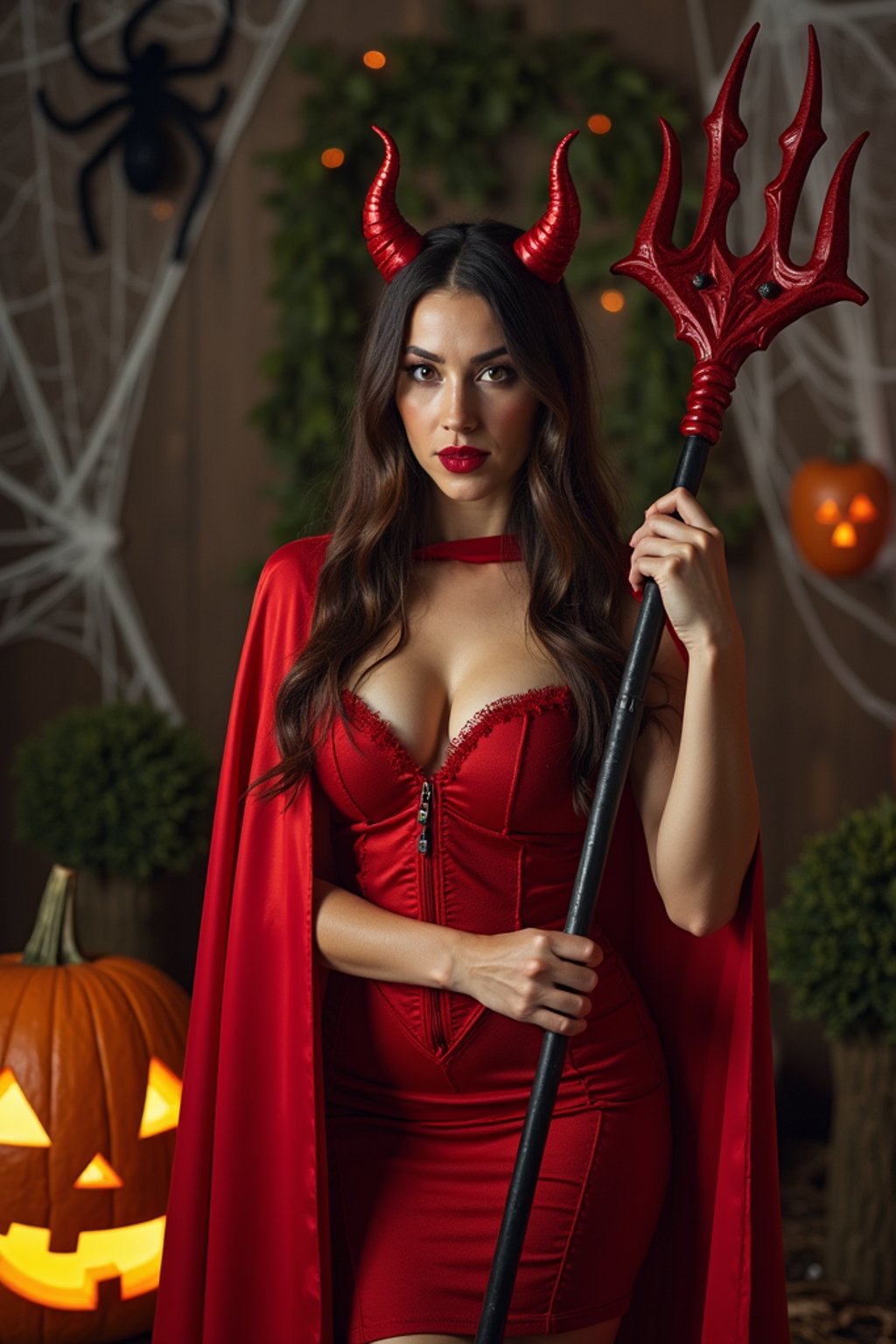 A woman wearing a classic red devil costume with devil horns, a red cape, and holding a trident. The backdrop includes pumpkins, spider webs, and a spooky night scene.