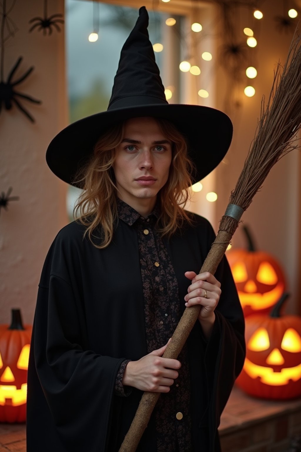 A man dressed as a friendly witch, wearing a pointed hat and holding a broomstick, surrounded by Halloween decorations like spider webs and glowing pumpkins.