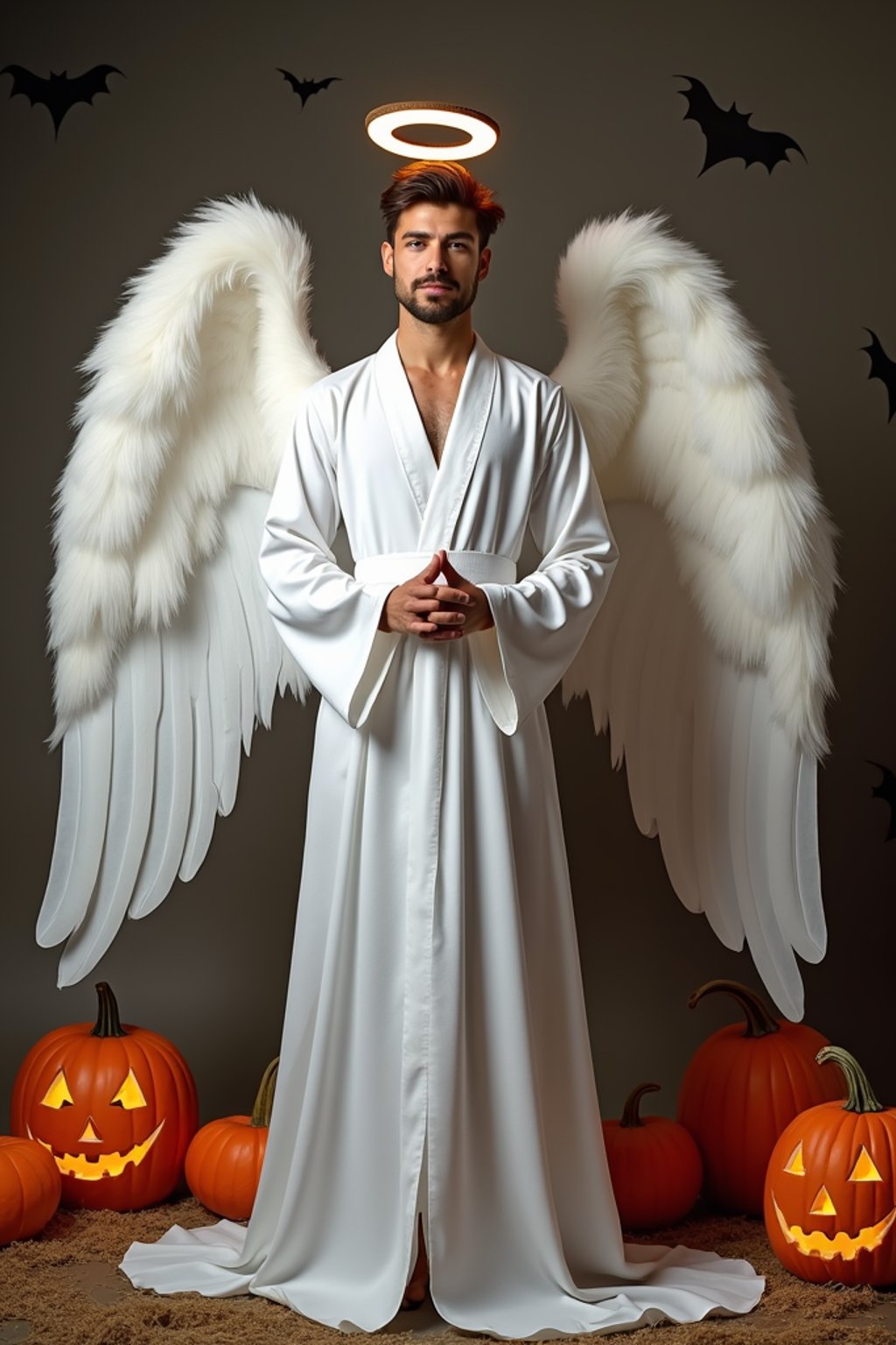 A man dressed as an angel, wearing a white robe with wings and a halo, posing against a Halloween backdrop with carved pumpkins and bats.