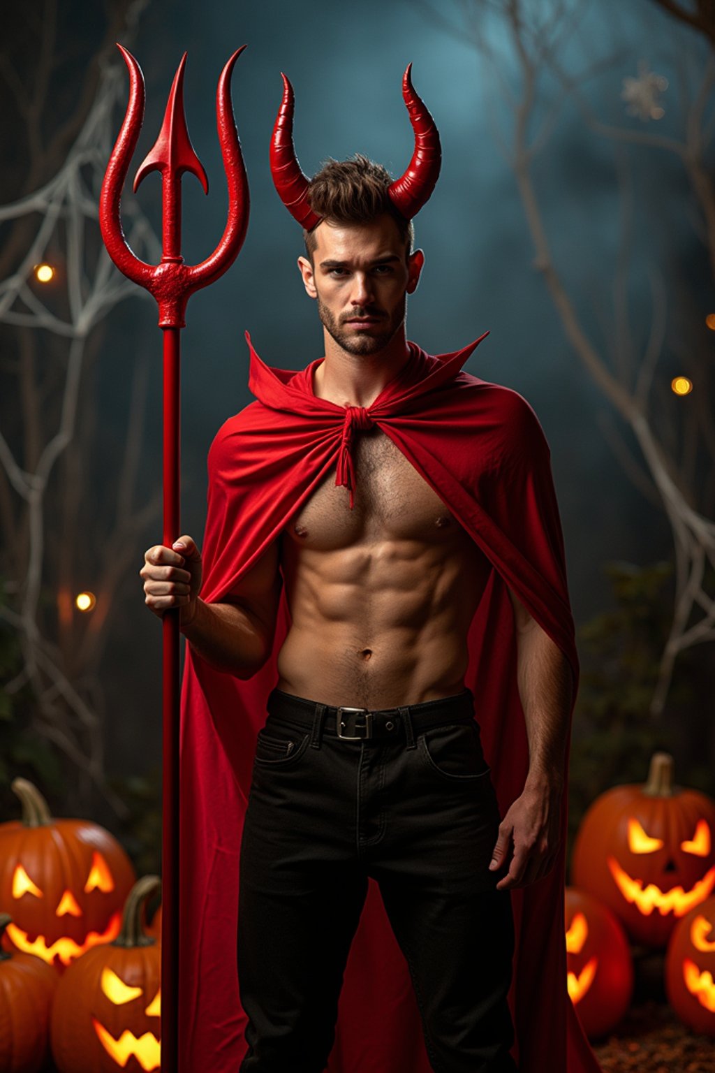 A man wearing a classic red devil costume with devil horns, a red cape, and holding a trident. The backdrop includes pumpkins, spider webs, and a spooky night scene.