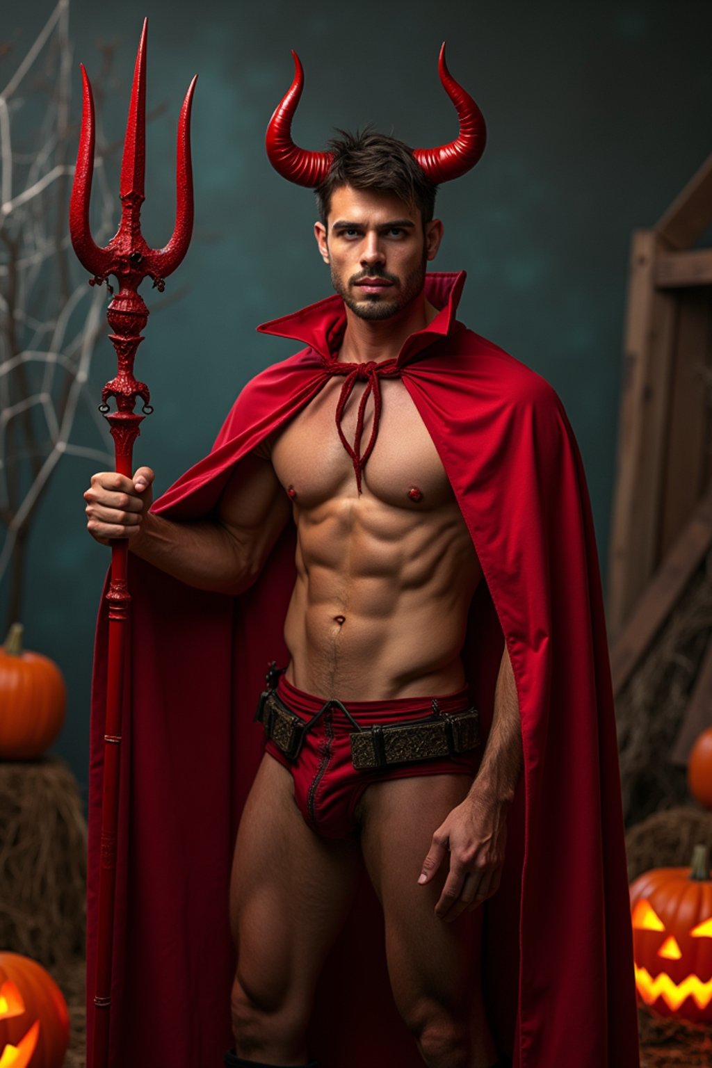 A man wearing a classic red devil costume with devil horns, a red cape, and holding a trident. The backdrop includes pumpkins, spider webs, and a spooky night scene.