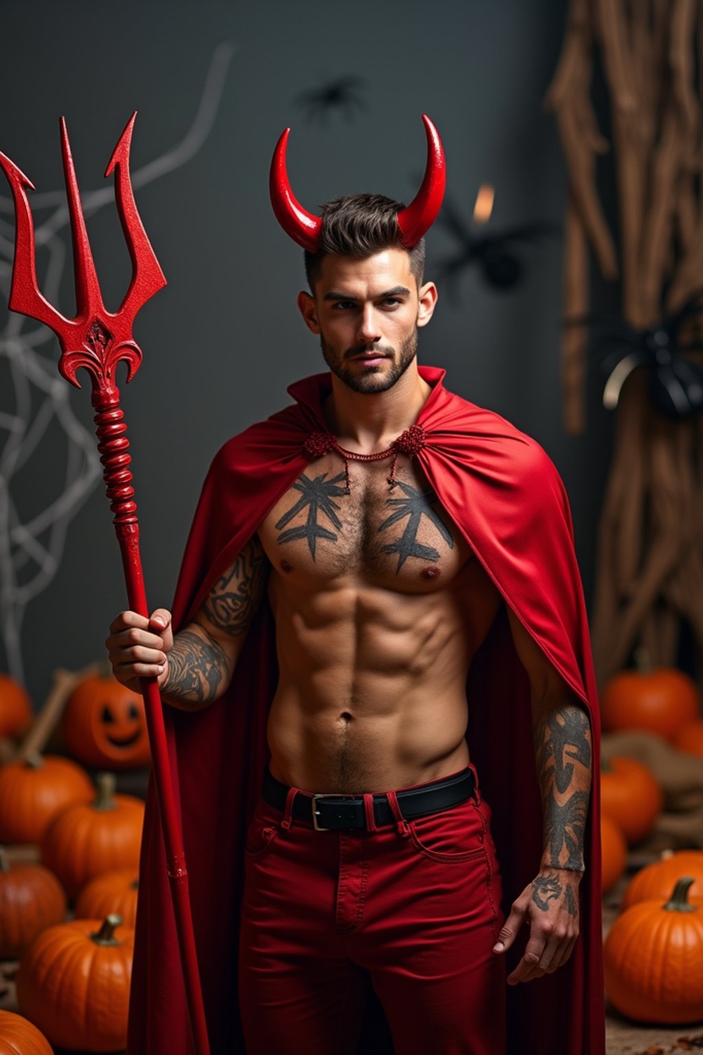 A man wearing a classic red devil costume with devil horns, a red cape, and holding a trident. The backdrop includes pumpkins, spider webs, and a spooky night scene.