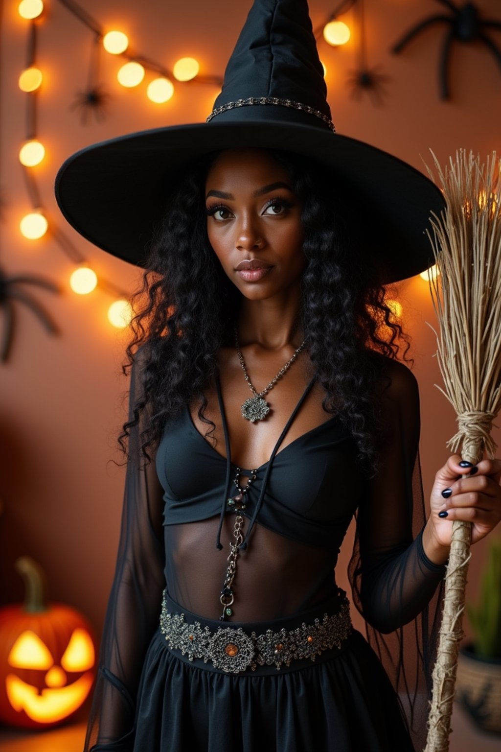 A woman dressed as a friendly witch, wearing a pointed hat and holding a broomstick, surrounded by Halloween decorations like spider webs and glowing pumpkins.