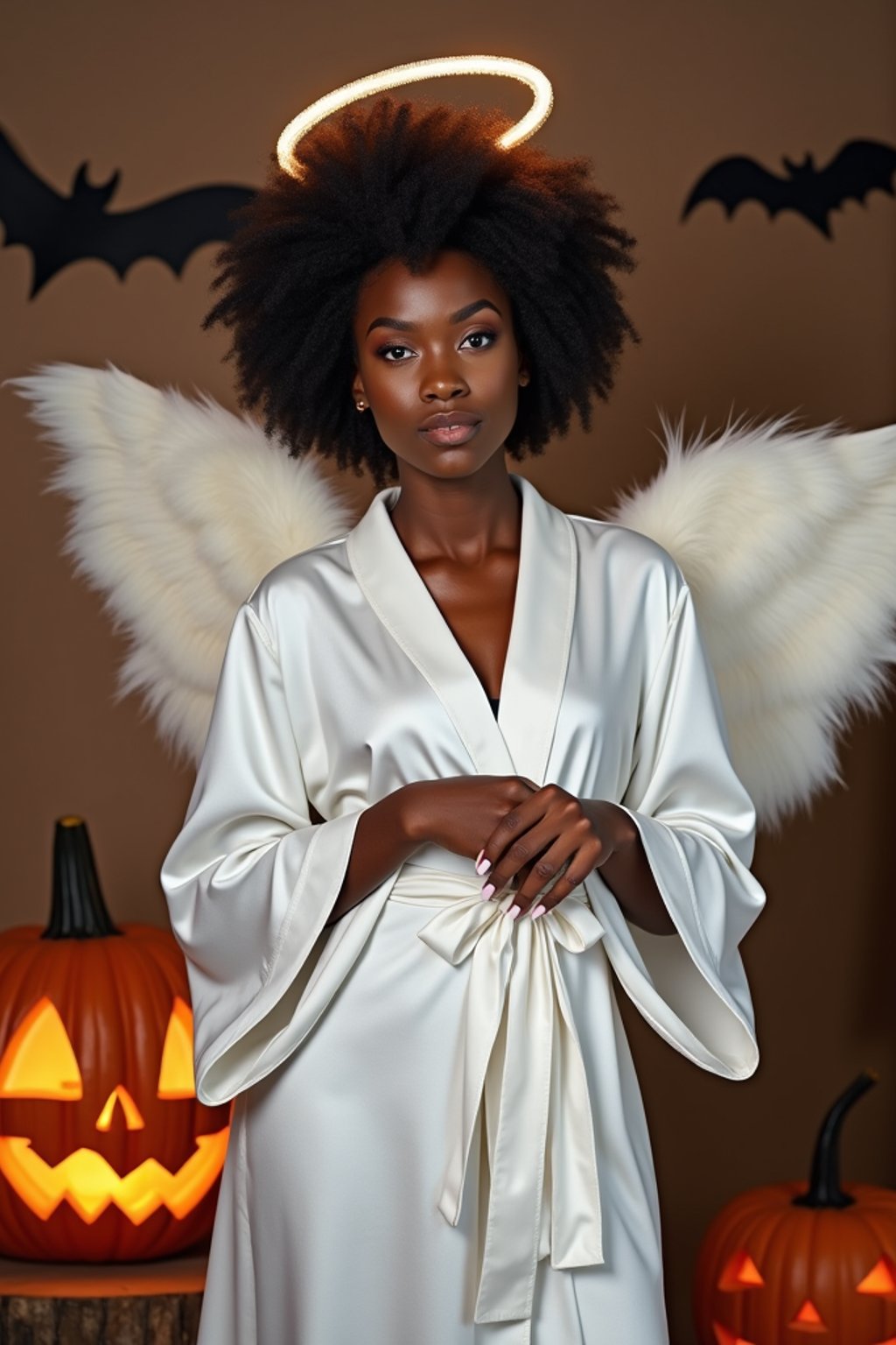 A woman dressed as an angel, wearing a white robe with wings and a halo, posing against a Halloween backdrop with carved pumpkins and bats.