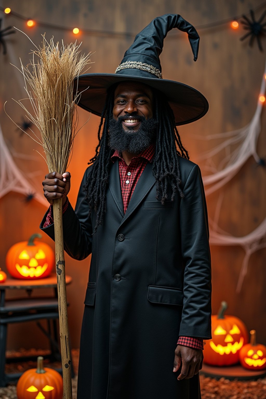 A man dressed as a friendly witch, wearing a pointed hat and holding a broomstick, surrounded by Halloween decorations like spider webs and glowing pumpkins.