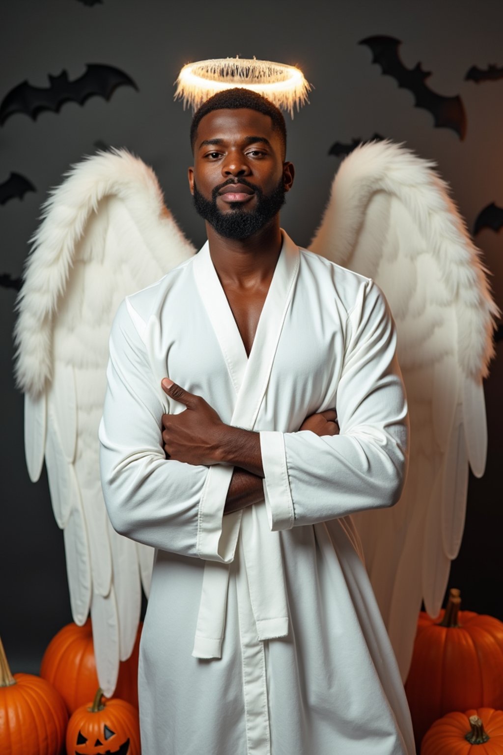 A man dressed as an angel, wearing a white robe with wings and a halo, posing against a Halloween backdrop with carved pumpkins and bats.
