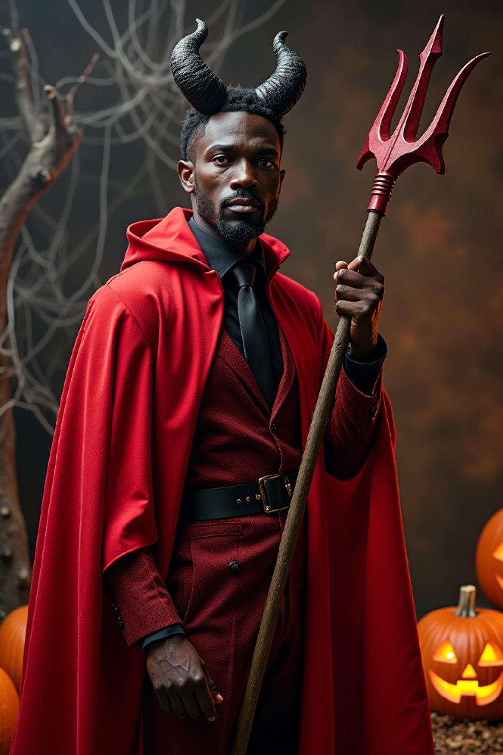 A man wearing a classic red devil costume with devil horns, a red cape, and holding a trident. The backdrop includes pumpkins, spider webs, and a spooky night scene.