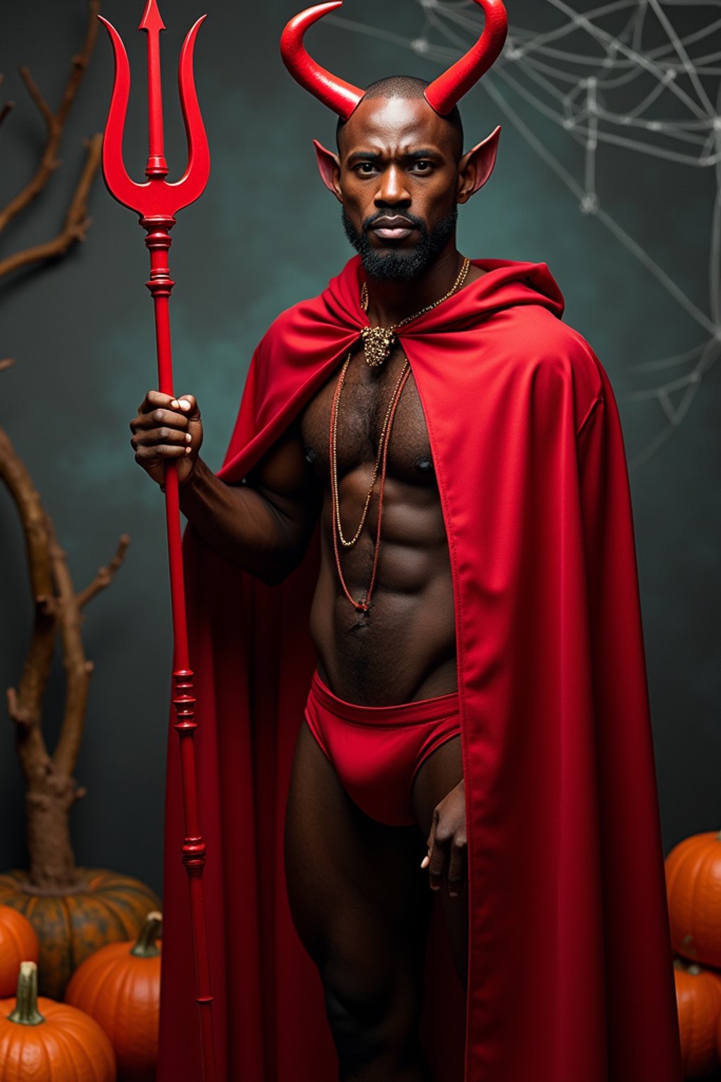A man wearing a classic red devil costume with devil horns, a red cape, and holding a trident. The backdrop includes pumpkins, spider webs, and a spooky night scene.