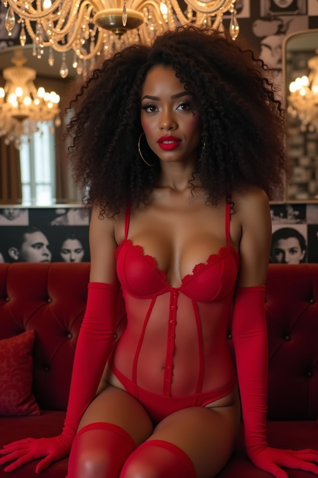 Model wearing a red sheer lingerie set with matching long red gloves and stockings. They have bold red lipstick and voluminous curly hair. The setting includes a large chandelier, mirrors, and a collage background with black and white images. Text reads "V-DAY CARD FOR MY BOO," adding a romantic theme.