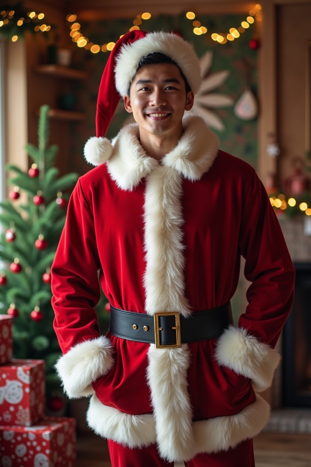 A man dressed in a classic Santa costume, standing in a room filled with holiday decorations, presents, and a Christmas tree.
