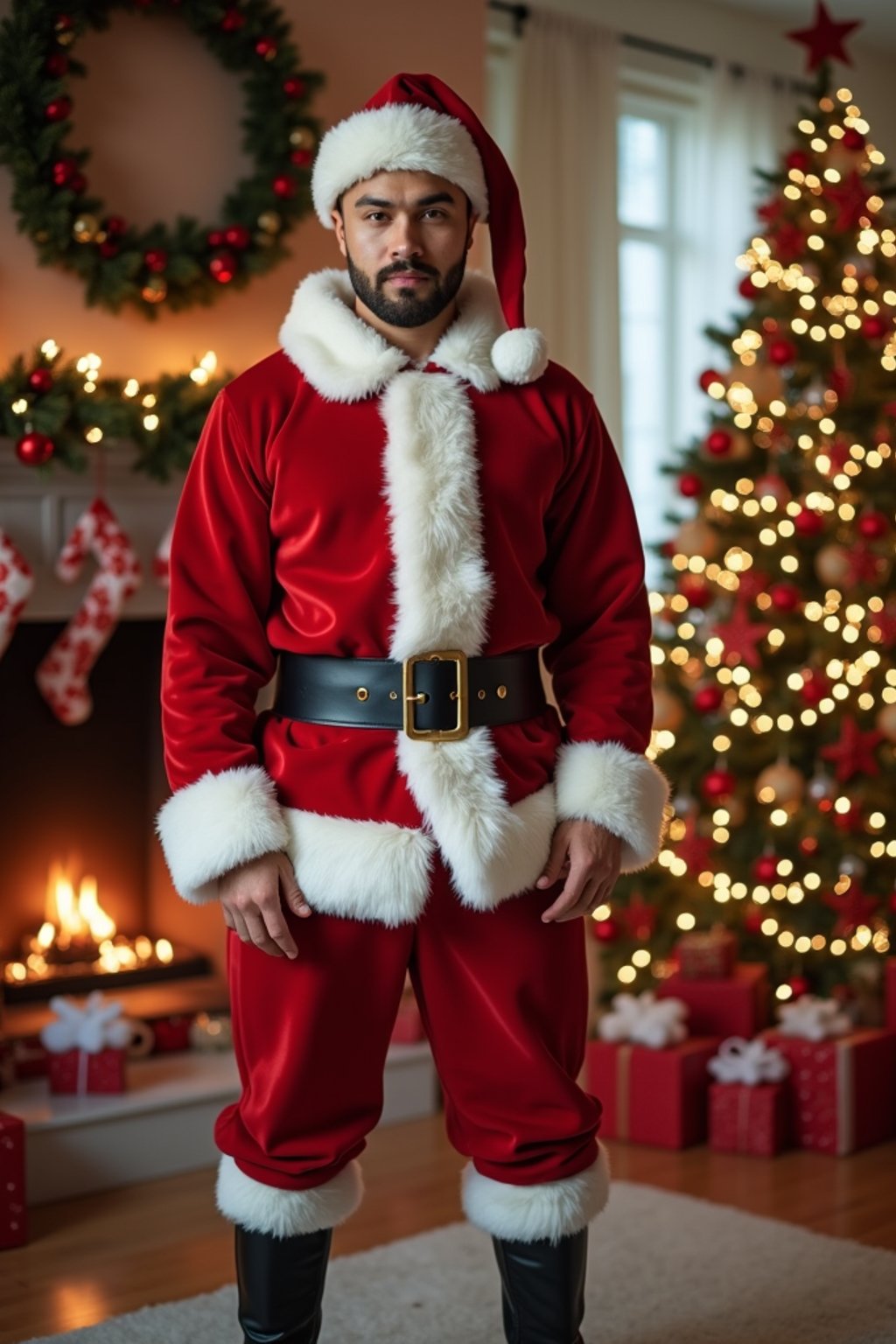 A man dressed in a classic Santa costume, standing in a room filled with holiday decorations, presents, and a Christmas tree.