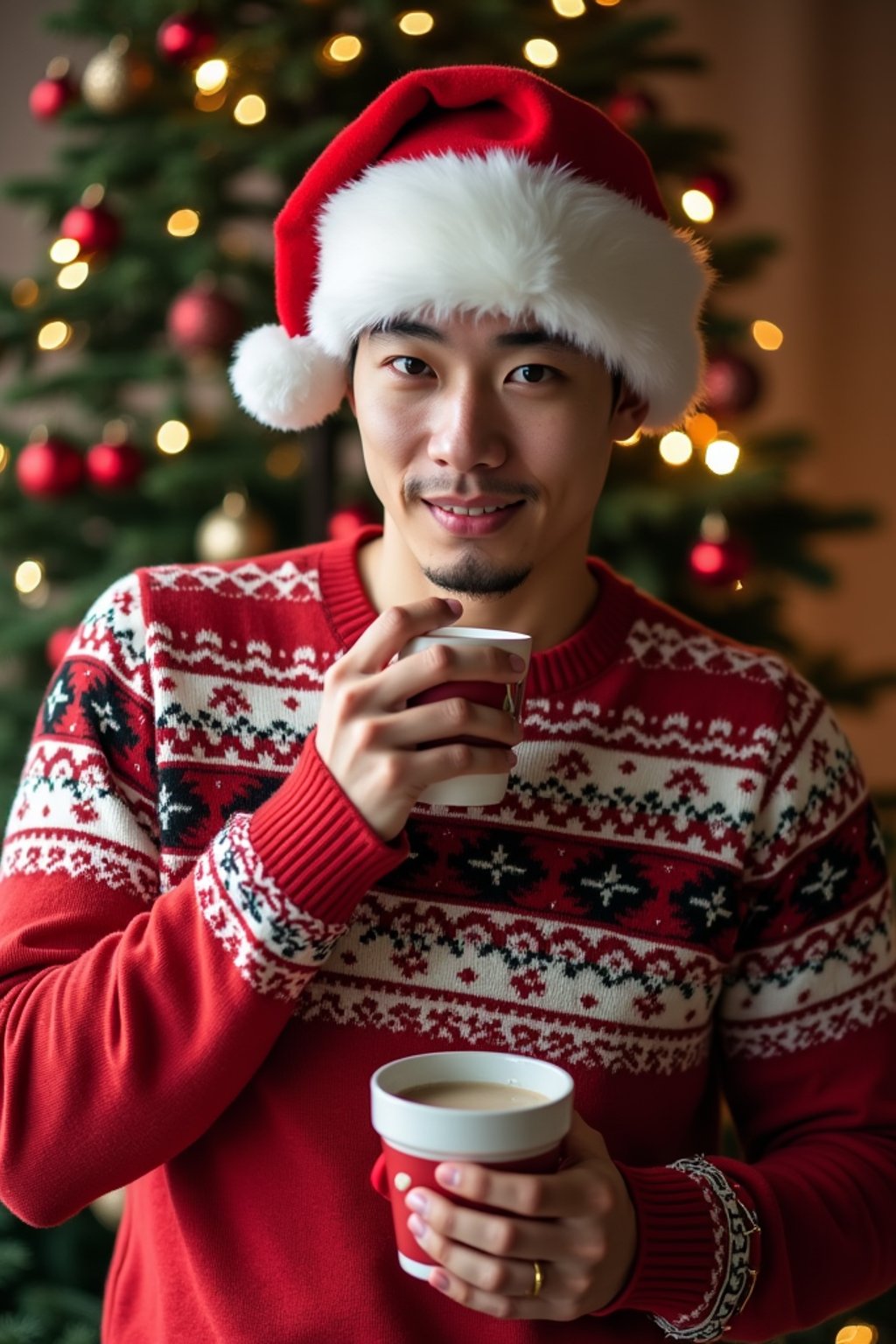 A man wearing Christmas sweaters and Santa hats, enjoying hot cocoa in front of a decorated Christmas tree.