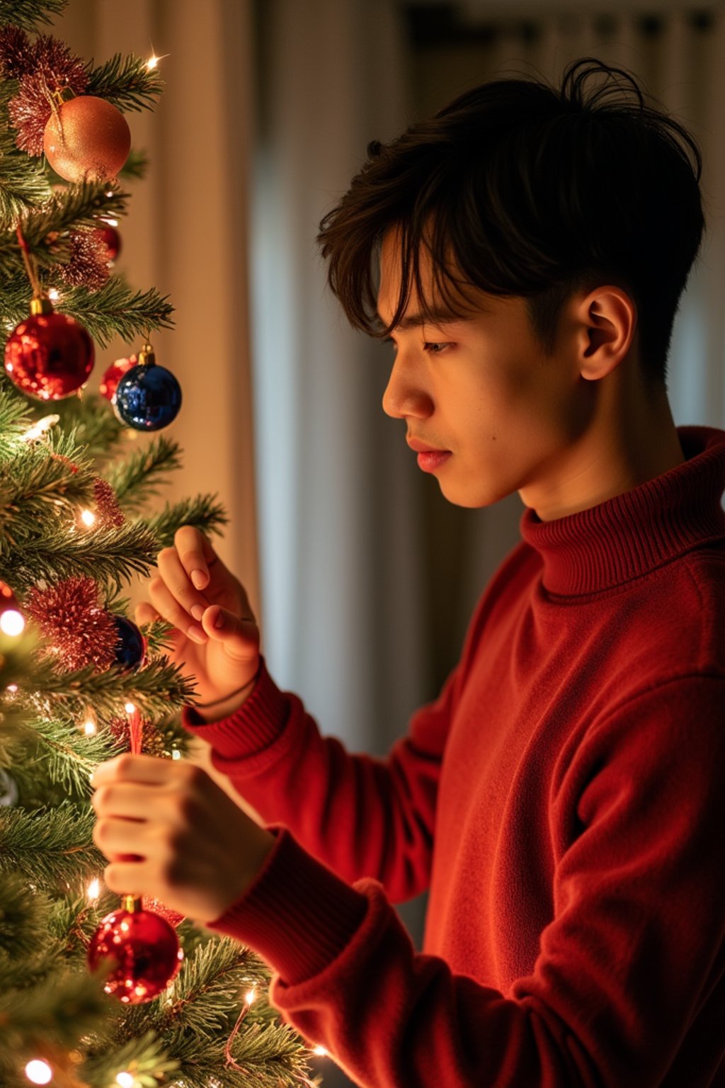 A man decorating a Christmas tree with colorful ornaments and tinsel, in a warm, festive setting.