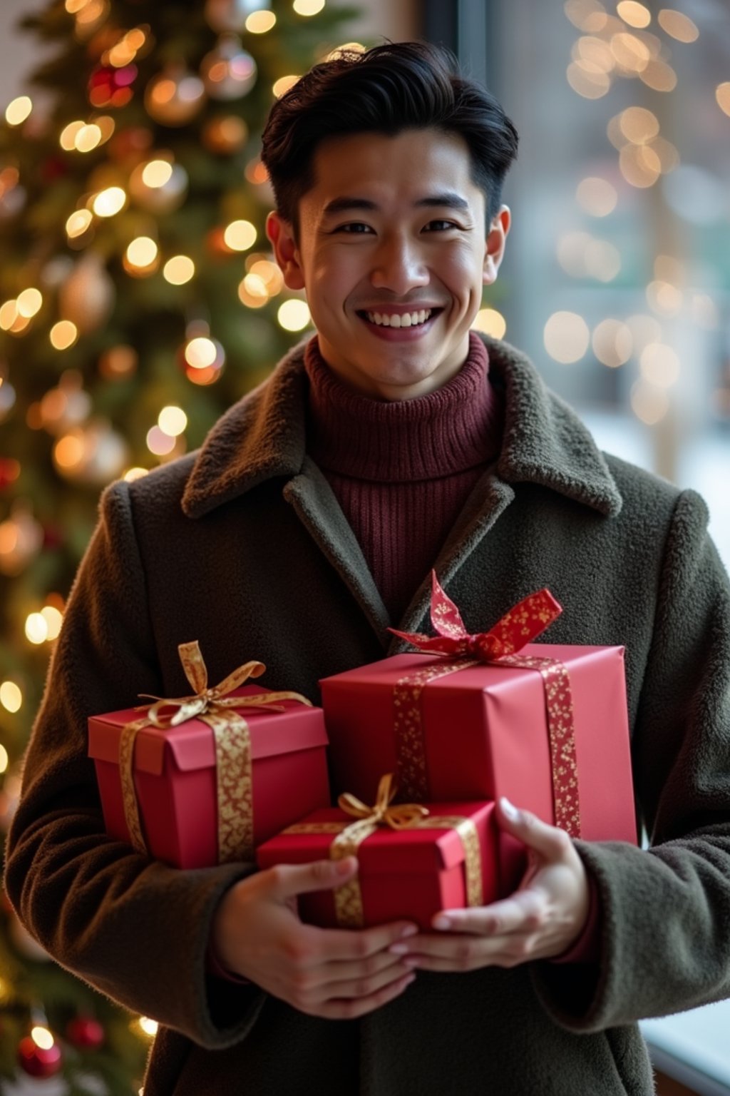 A man posing in front of a Christmas tree, holding presents, with snowflakes and festive lights in the background.