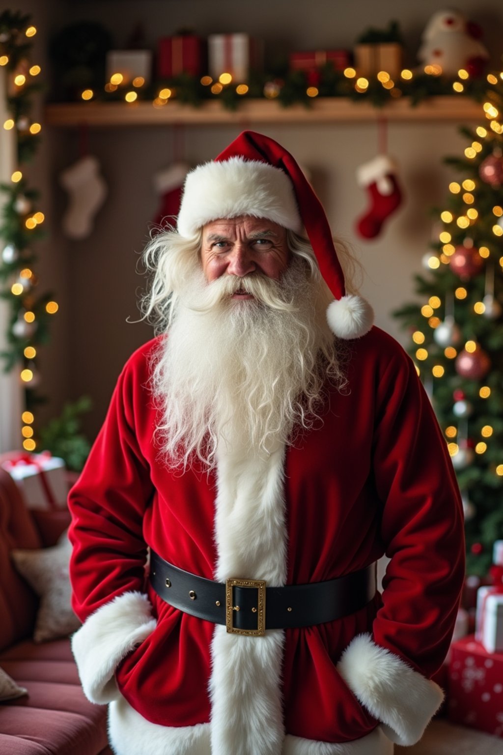 A man dressed in a classic Santa costume, standing in a room filled with holiday decorations, presents, and a Christmas tree.