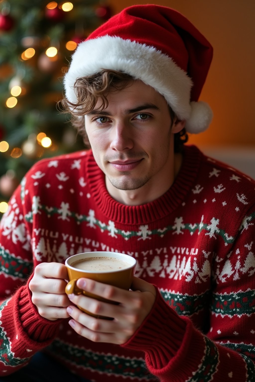A man wearing Christmas sweaters and Santa hats, enjoying hot cocoa in front of a decorated Christmas tree.
