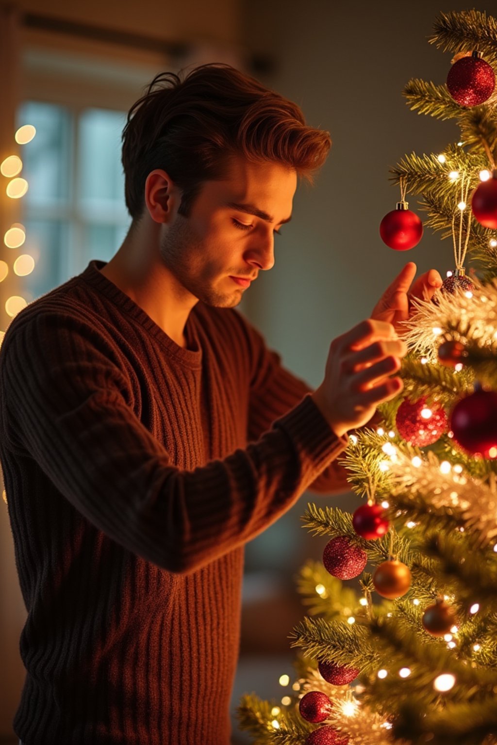 A man decorating a Christmas tree with colorful ornaments and tinsel, in a warm, festive setting.