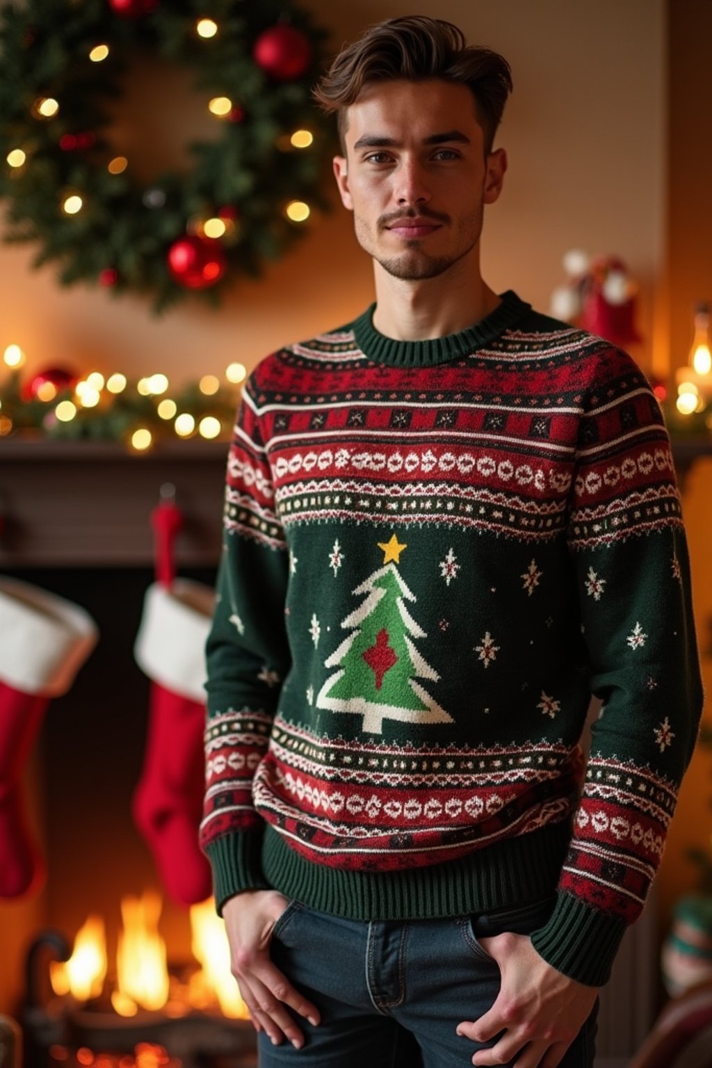 A man wearing a cozy Christmas sweater, standing by the fireplace with stockings and holiday decorations.