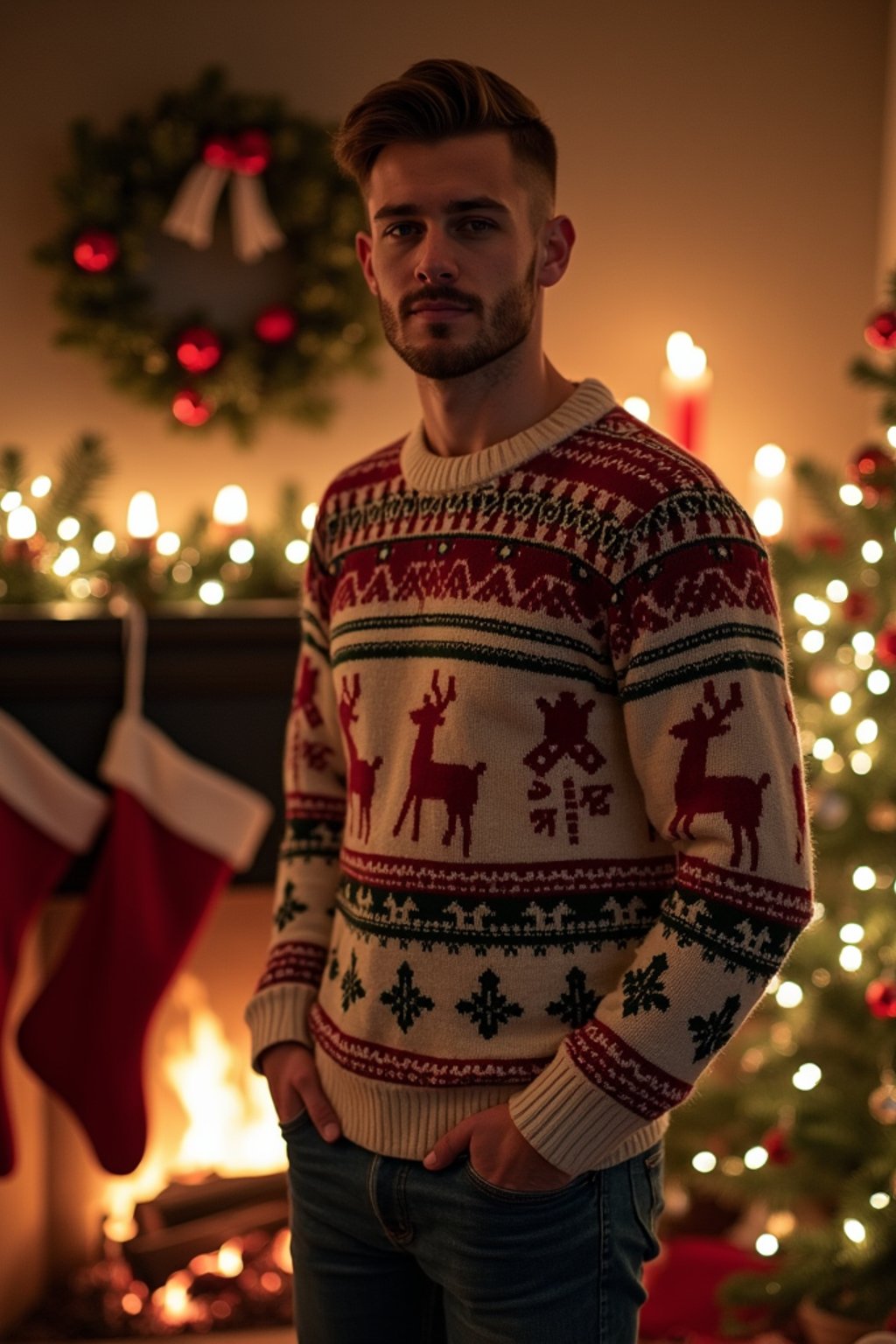 A man wearing a cozy Christmas sweater, standing by the fireplace with stockings and holiday decorations.