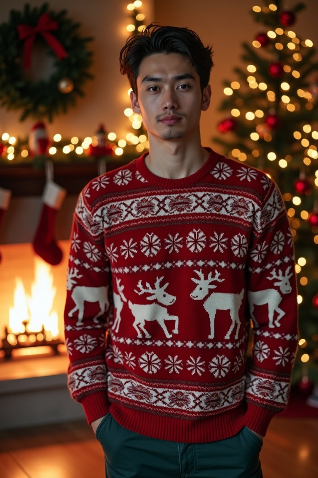 A man wearing a cozy Christmas sweater, standing by the fireplace with stockings and holiday decorations.