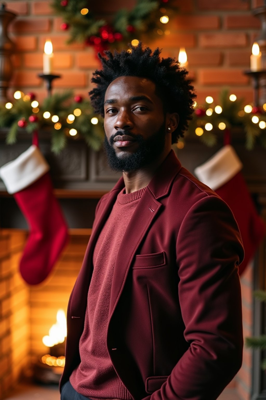 A man posing for a Christmas card photo, standing in front of a fireplace with stockings, garland, and holiday decorations.