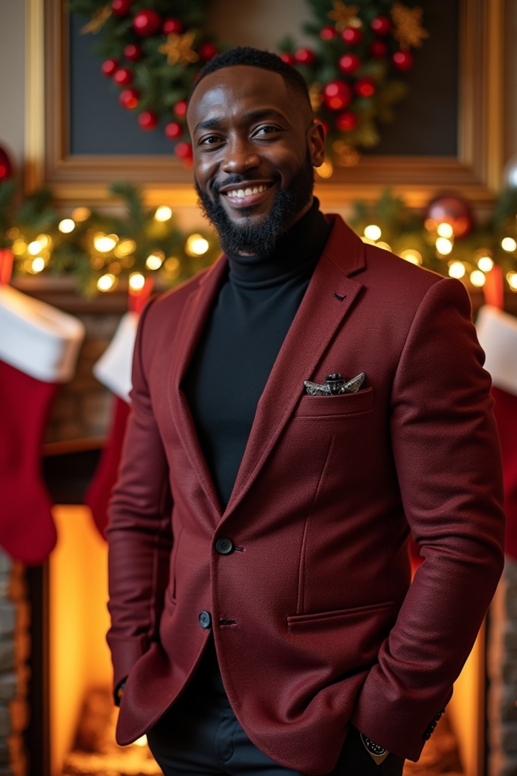 A man posing for a Christmas card photo, standing in front of a fireplace with stockings, garland, and holiday decorations.
