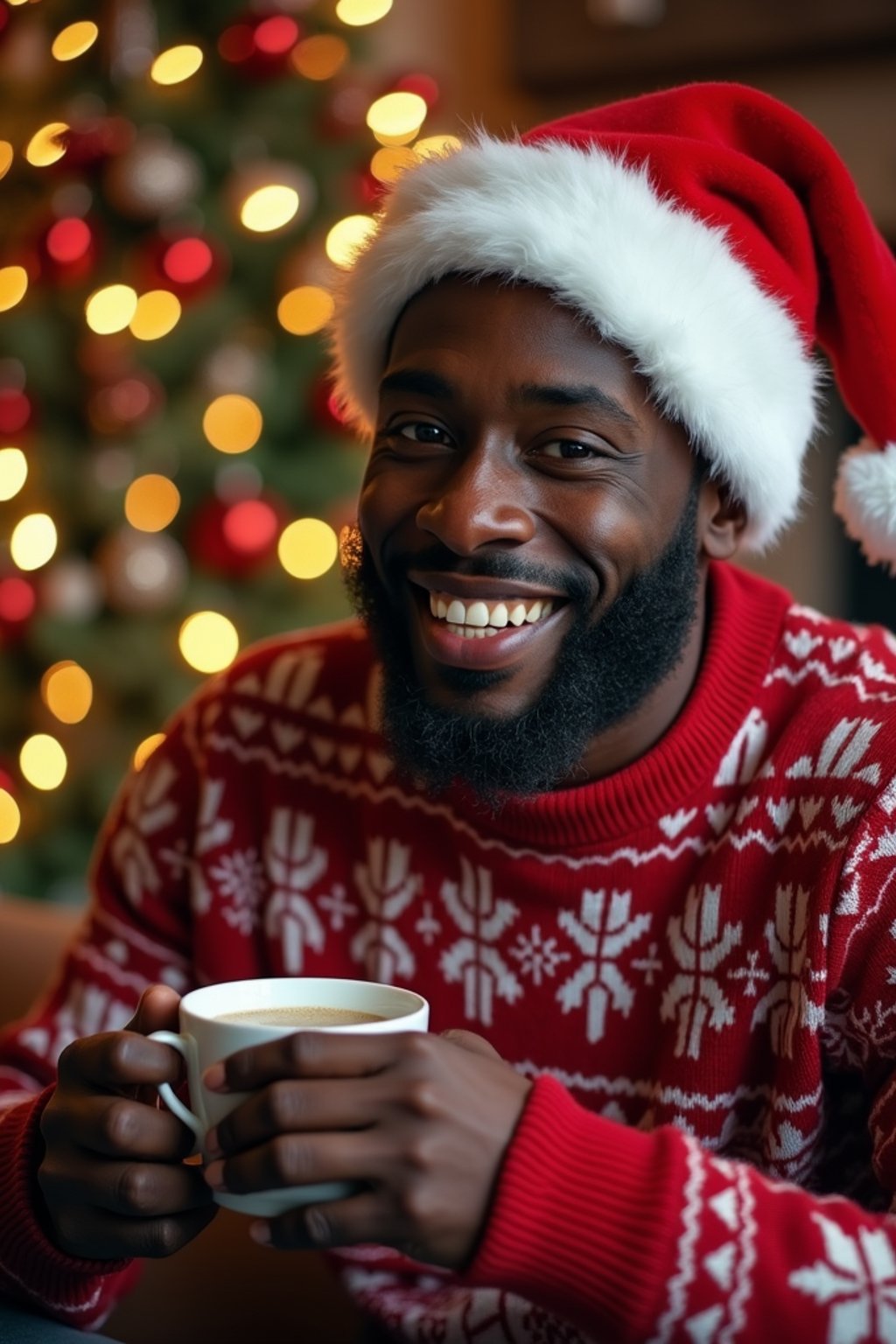 A man wearing Christmas sweaters and Santa hats, enjoying hot cocoa in front of a decorated Christmas tree.